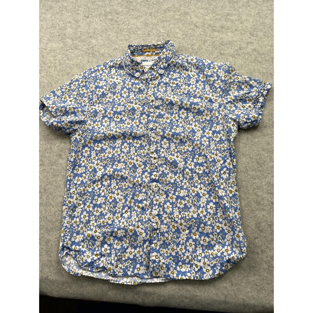 Denim & Flower Shirt Mens Medium Blue Floral Short Sleeve Button Up Casual